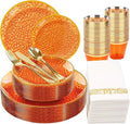 Rubtlamp 175 Pcs Plastic Dinnerware Set (25 Guests), Orange And Gold Plastic Plates, Hammered Party Plates Set Include Dinner Plates, Dessert Plates, Cups&Cutlery Set And Napkins for Wedding And Party