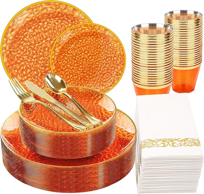 Rubtlamp 175 Pcs Plastic Dinnerware Set (25 Guests), Orange And Gold Plastic Plates, Hammered Party Plates Set Include Dinner Plates, Dessert Plates, Cups&Cutlery Set And Napkins for Wedding And Party