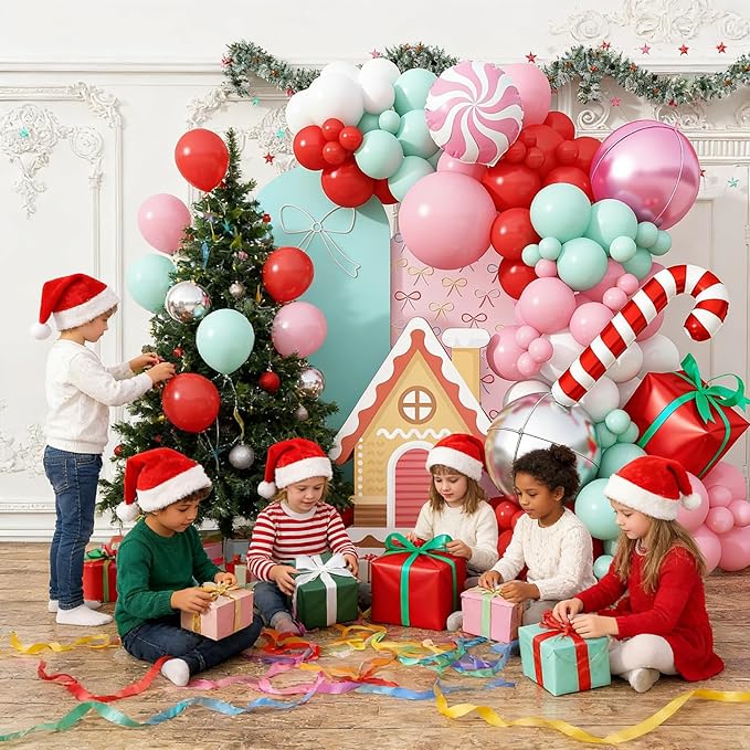 Christmas Balloon Garland 129pcs, Gingerbread Pink Green Red White Balloons Arch Kit with Foil 22inch Large 4D Balloon Candy Cane Gift Box Balloons for Christmas Party New Year Xmas Holiday Decoration