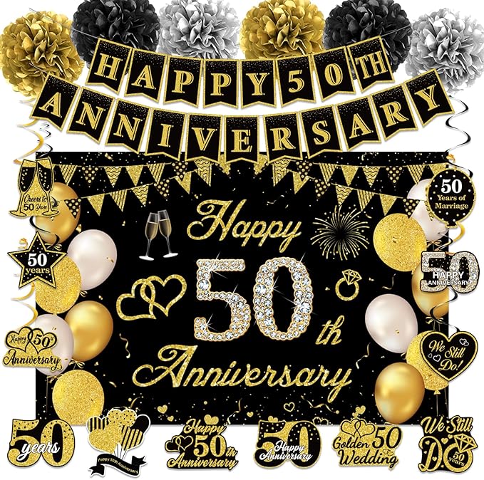 50th Wedding Anniversary Party Decorations Supplies Kit - 41PCS Black Gold Happy 50th Anniversary Banner Backdrop Hanging Swirl Pompoms Decorations Cards