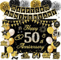 50th Wedding Anniversary Party Decorations Supplies Kit - 41PCS Black Gold Happy 50th Anniversary Banner Backdrop Hanging Swirl Pompoms Decorations Cards