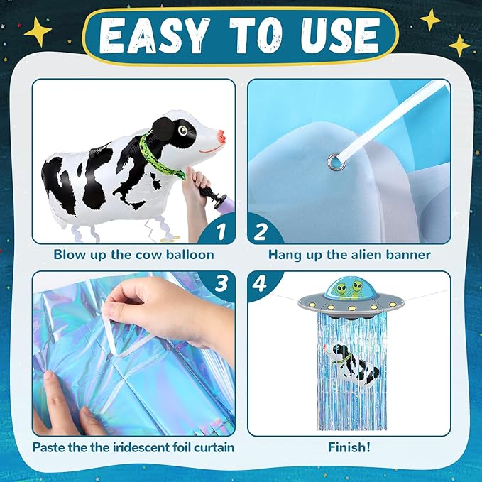 Alien Door Curtains with Tinsel Foil Fringe Curtain Cow Balloon Alien Spacecraft Party Decorations UFO Spacecraft Birthday Decorations Flying Saucer Spaceship Hanging Banner for Space Halloween Party
