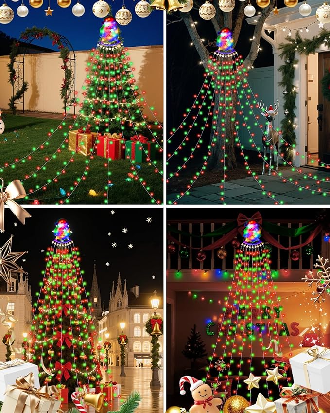 Christmas Waterfall Outdoor String Lights, Christmas Tree Lights with Topper 335 LED 11.48ft 9 Strands, 8 Lighting Modes Holiday New Year Decoration Lights for Wedding Yard Party Home Indoor Decor