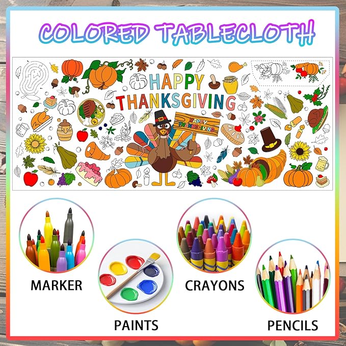 Thanksgiving Giant Coloring Poster,72 x 30 Inches Large Fall Thanksgiving Tablecloth/Banner for Kids DIY Coloring Tablecovers Gifts Turkey Pumpkin Fruits autumn School Classroom Home Party Supplies