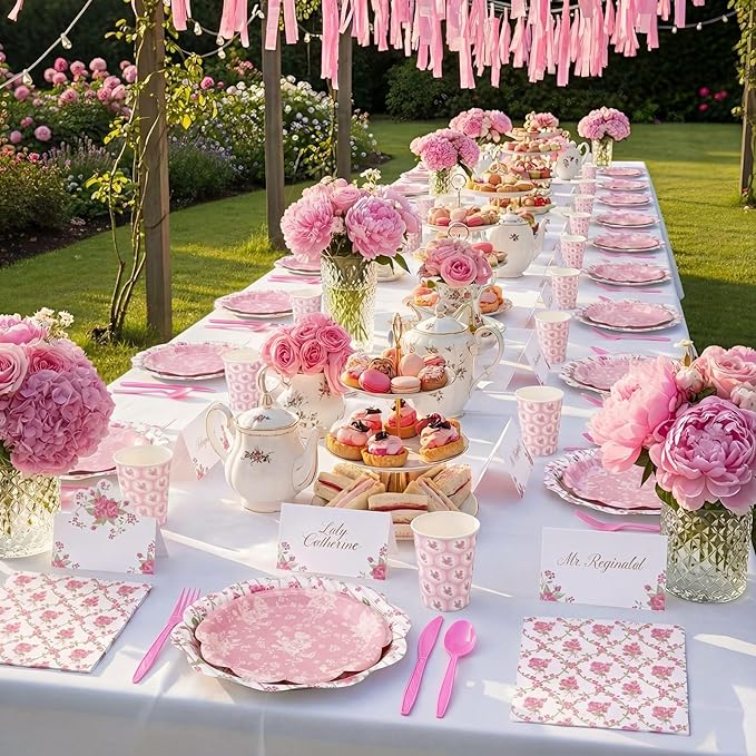 Shellwei 410 Pcs Tea Party Supplies Elegant Floral Paper Plates and Napkins Set Disposable Party Tableware Sets with Cups Knives Forks Spoons Seat Card Favors for 50 Guests