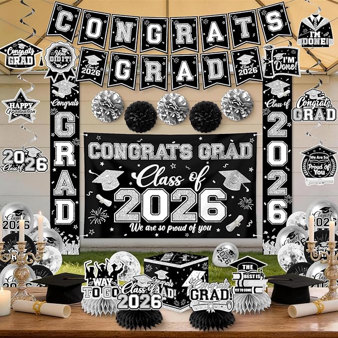 Black and Silver Graduation Decorations 2026 Set, All-in-1 Kit with Congrats Grad Banner Class of 2026 Backdrop Porch Sign Balloons Centerpieces Card Box Pom Poms Streamers for College High School