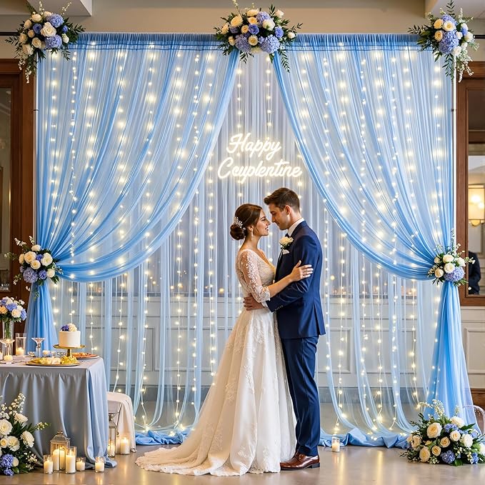 10×12ft Baby Blue Sheer Tulle Backdrop Curtains with Lights String for Parties Baby Shower Decorations for Boy Bridal Shower Birthday Party Photo Shoot Background Wall Decorations 2 Panels 5×12ft