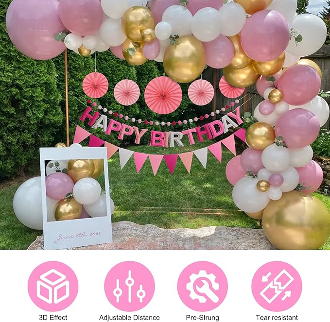 Pre-Strung Happy Birthday Banner, Reusable Felt Birthday Party Decorations, 3D Effect Happy Birthday Sign with Felt Ball Garland, Pennant Flag, Hanging Paper Fans for Men Women Boy Girls (Pink)