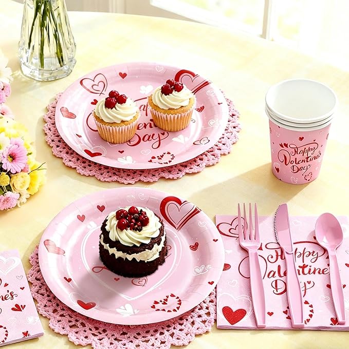 112PCS Valentine’s Day Heart Party Plates Supplies Love Pink Heart Party Tableware Decoration Disposable Paper Plates Napkins Forks for Graduation, Anniversary(Serves 16)