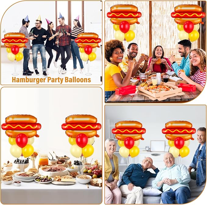 Hot Dog Party Balloons Stand Kit 2 Sets with 2 Food Shaped Foil Balloons Picnic Burger Themed Balloon Centerpiece for Tables for BBQ Birthday Party Supplies Baby Shower Hot Dog Themed Decorations