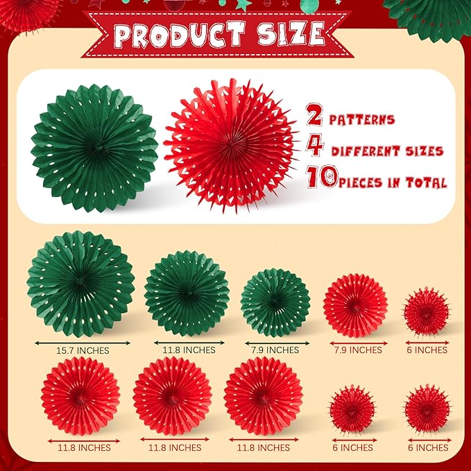 13 Pcs Paper Christmas Decorations Red Green Paper Fans Hanging Star Circle Garland Banner Office Backdrop Ugly Sweater Party Supplies Xmas Wall Decor for Classroom Holiday Birthday New Year