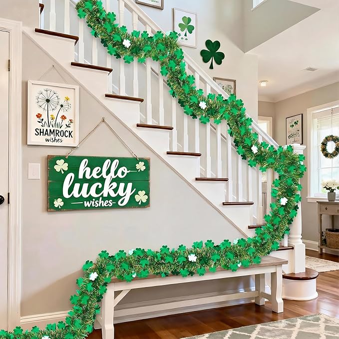 50FT St Patrick's Day Tinsel Garland, Green Gold Shamrock Clover Garland, Shiny Metallic Hanging Shamrock Streamer St Patricks Day Decorations Irish Decor