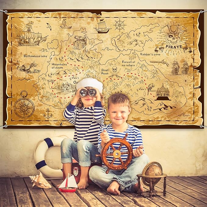 Blulu Pirate Theme Background Jewelry Map Banner Photography Background School Party Carnival Birthday for Great Party Decoration