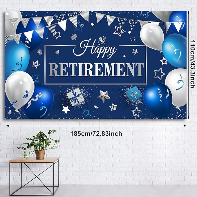 Blulu Retirement Party Decorations, Extra Large Fabric Retire Sign Banner Photo Booth Backdrop Background with Rope for Retirement Party Favor(72.8 x 43.3 Inches,Blue and Silver)