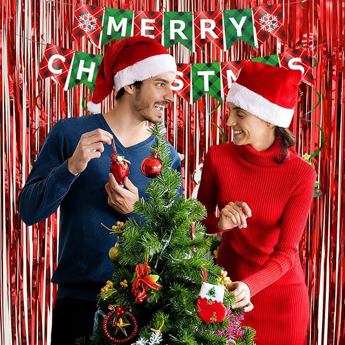 Valentines Day Decorations - Red Tinsel Backdrop Galentines Day Decorations 3.3x8.2ft, 2 Pack Foil Fringe Curtains Photo Booth Props for Birthday Party, Red Streamer Backdrop for Christmas