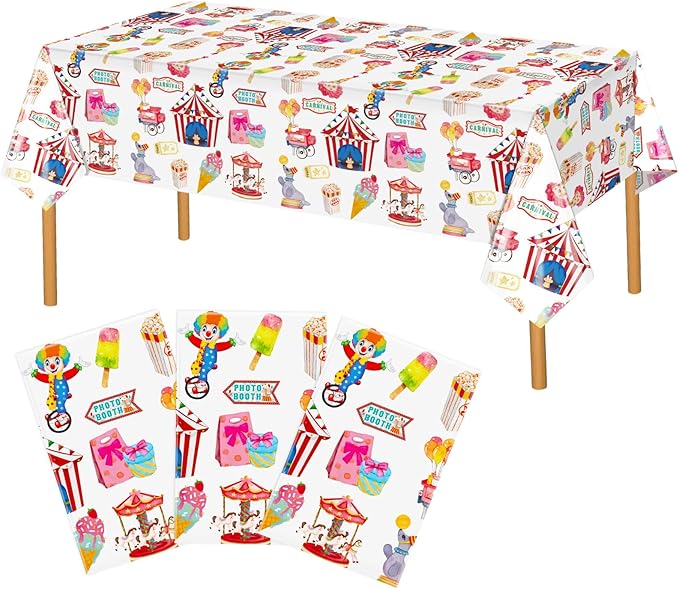 Hxezoc 3 Pack Circus Party Tablecloths, 54 x 108 Inch Disposable Plastic Carnival Table Cover for Carnival Birthday Party Decorations Outdoor Indoor Supplies