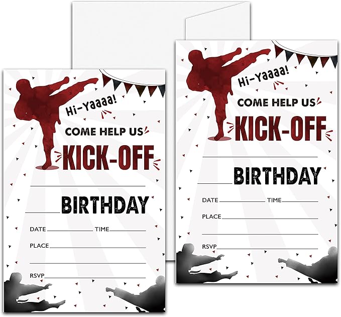 Karate Birthday Party Invitation, Martial Arts Themed Fill-In Invites, 20 Invitations With Envelopes for Man (4" X 6"), Adults Ninja Party Favors Decorations and Supplies -43