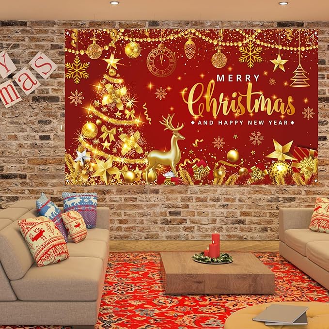 Red Gold Christmas Backdrop - Merry Christmas Banner for Xmas New Years Eve Party Decorations, 71x43inch