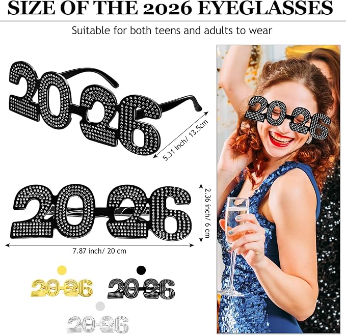 Kanayu 3 Pcs 2026 New Years Party Supplies Glasses New Years Eve Glasses Props for Women Men, Gold, Silver, Black(Diamond Style)