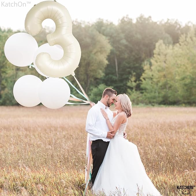 KatchOn, Cream White Number 3 Balloon Neutral - Giant, 40 Inch, Three Balloon | 3 Balloon Number for Young Wild and Three Decorations Girl | 3 Anniversary Decorations