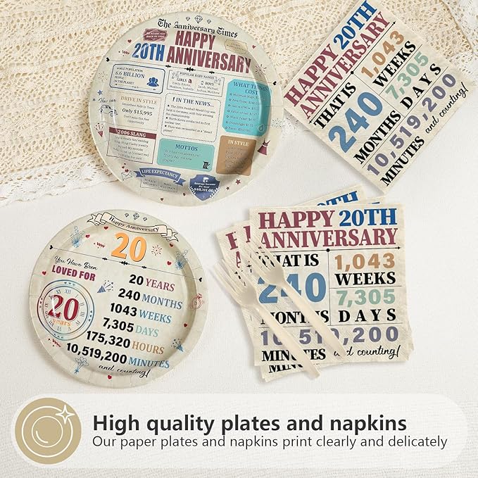 96Pcs 20th Anniversary Party Decorations Retro 20 Years Plates and Napkins 20th Anniversary Disposable Tableware Set for Vintage 20 Year Wedding Company Party Supplies Serves 24