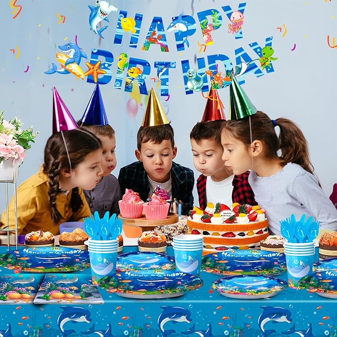 Under The Sea Party Supplies Serves 24, Ocean Sea Party Tablewear Set, Ocean Themed Party Decorations Plates Cups Napkins Tablecloth Banner etc Ocean Animal Party Tableware