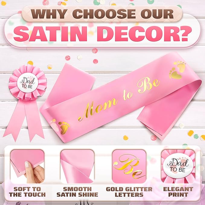 Pink Baby Shower Decorations for Girl and Pins for Dad - Glossy Girl Baby Shower Decorations Made from Soft & Smooth Satin, Daddy Brooch & Mommy to Be Sash - Party Mom to Be Sash That Doesn't Wrinkle