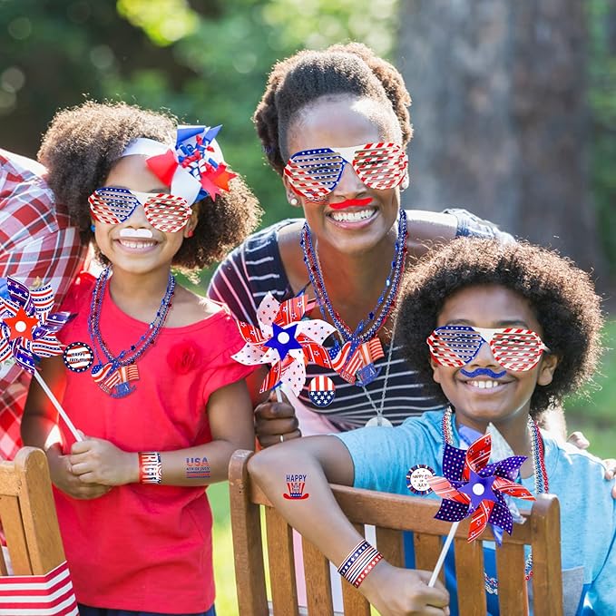 156 PCS 4th of July Accessories Patriotic Party Favors American Flags Glasses Slap Bracelets Pinwheels Tattoo Stickers Brooches Beards Necklaces for Independence Day Memorial Day