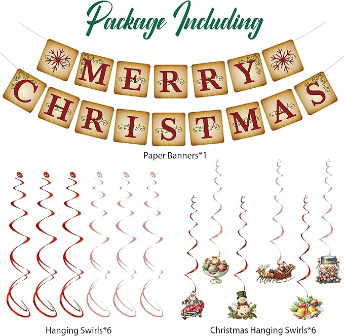 Roetyce Christmas Party Decorations, Vintage Merry Christmas Banner Balloons Hanging Swirls Kit Indoor Outdoor, Funny Home Xmas Party Supplies Photo Backdrop Background
