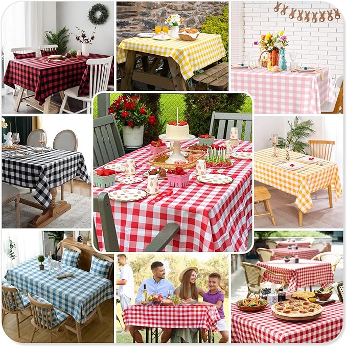Mulbozy Dark Green Gingham Tablecloth 2 Pack, 54 x 108 Inch Plastic Table Cloth Disposable, Green and White Checkered Table Cover for Party Supplies