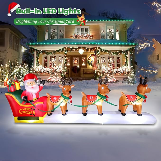 FunFanso 12 FT Christmas Inflatables Santa Claus on Sleigh Outdoor Decorations, Blow Up 3 Reindeers Pulling Santa's Sleigh with Gift Boxes, Built-in LED Lights for Xmas Party Decor Yard Garden Lawn