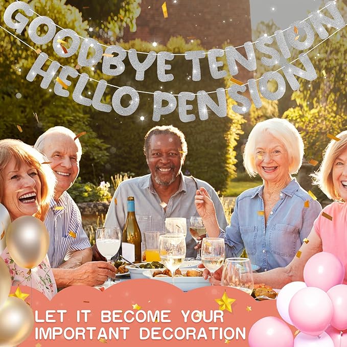 Retirement Banner Pre-Strung GOODBYE TENSION HELLO PENSION Banner Glitter Retirement Party Supplies Decorations for Women Men Office Home Decor (Silver)
