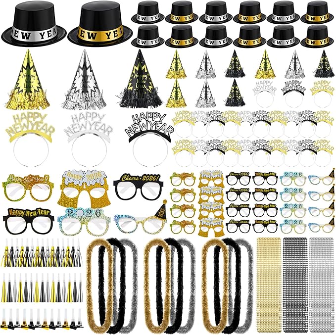 402 Pcs 2026 New Year's Eve Party Supplies for 100 Guests Includes Top Hats Cone Hats Tiaras Glasses Horns Squawkers Blowouts Bead Necklaces Lei Necklace Happy New Year