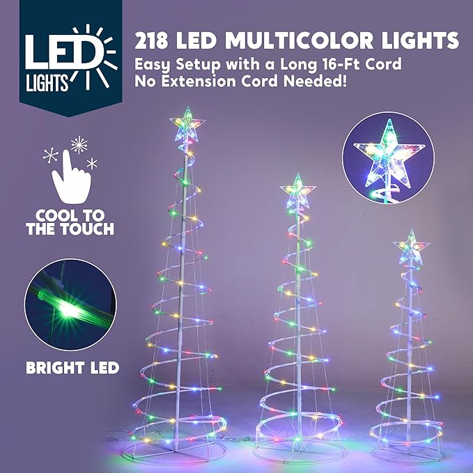 JOIEDOMI 3 Pack Spiral Christmas Tree Lights, 218 LED Outdoor Lighted Tree with Star Topper & Stakes, Christmas Decorations for Yard Porch Patio Garden Holiday Xmas Eve Night Décor, Multicolor