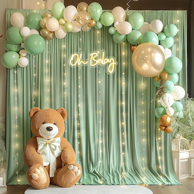 20x10FT Sage Green Backdrop Curtains with Lights for Parties,Wrinkle Free Wedding Photo Backdrop Curtains for Baby Shower Birthday Ceremony Reception Home Party Decorations-5ft x 10ft,4 Panels