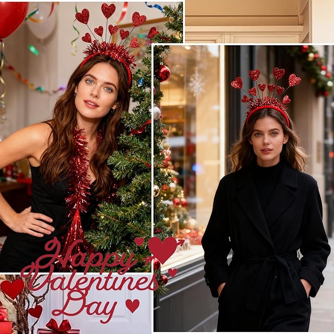Valentines Headband with Red Heart Designs Sequin Heart Hair Accessories Romantic Valentines Headbands Shiny Red Tassel Head Bopper for Women Holiday Party Head Wear Accessories Gift 1pcs
