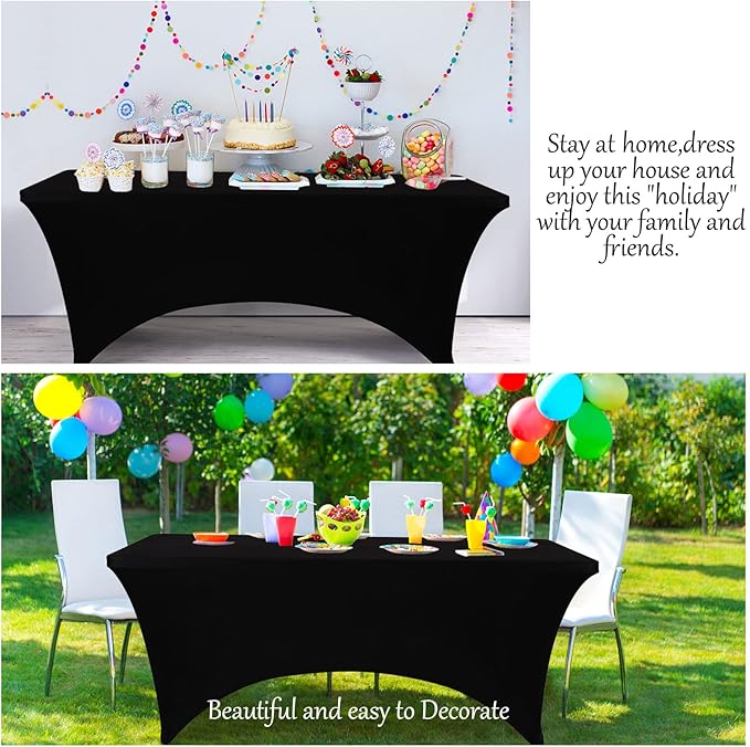 Table Covers for 8 Foot Tables, Black Washable and Wrinkle Resistant Stretch Tablecloths Rectangle 8ft for Events, Wedding, Banquets, Parties