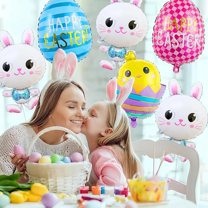 6PCS Easter Balloons Include Bunny and Egg Balloons for Easter Party Supplies, Bunny Birthday Decorations, Easter Carrot and Picnic Party Decor