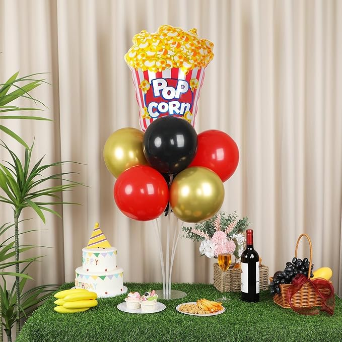 Movie Night Party Balloons Stand Kit 2 Sets with 2 Popcorn Clapboard Foil Balloons Black Red Gold Party Balloon Centerpiece for Tables for Birthday Camera Film Movie Party Decoration