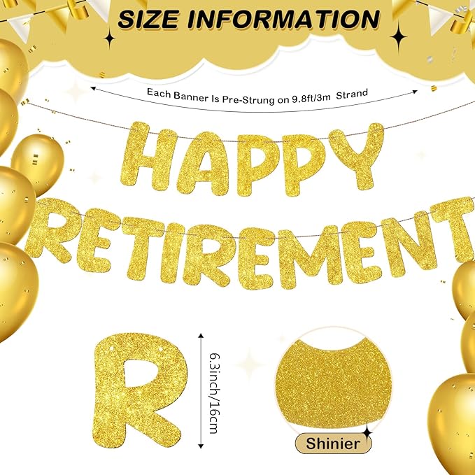 Fulmoon Pre Strung Happy Retirement Banner Glitter Retirement Sign Funny Official Retired Decor Party Decorations Supplies for Men Women Gifts (Gold)