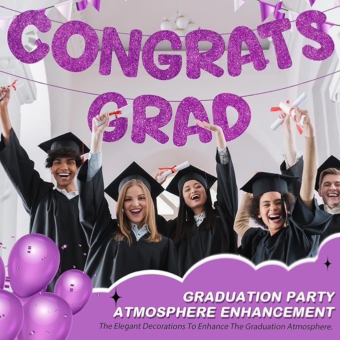 Fulmoon Pre Strung Congrats Grad Banner Glitter Congratulations Banner College Graduation Sign Class of 2026 Grad Party Decorations for High School University Graduation Party Favor(Purple)