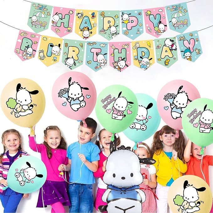 Pochacco Birthday Party Decorations, Kawaii Cartoon Party Supplies with Banner, Cupcake Cake Toppers and Foil Balloons Party Favors for Fans Birthday Background Decorations