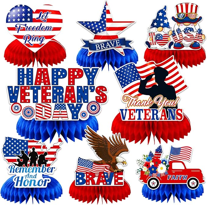 JULMELON 8PCS Veterans Day Table Decorations, Honeycomb Centerpieces, 3D Double Sided Happy Veterans Day Centerpieces for Tables Patriotic Decor Thank You Veterans Theme Party Supplies