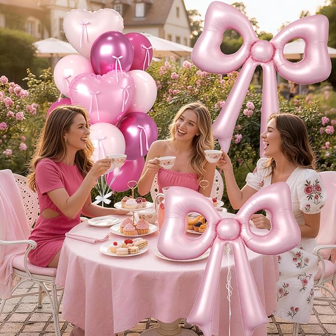 Pink Heart and Bow Balloons, 38 Inch Bow Balloons, Hot Pink Metallic Balloon Helium with Bow Ribbons for Anniversary Engagement Birthday Wedding Bridal Baby Shower Valentines Day Decorations