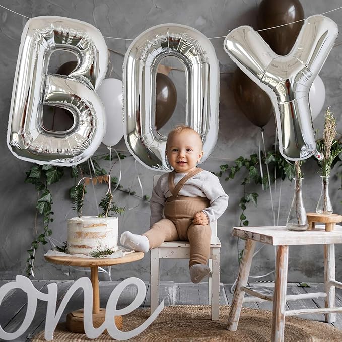 KALOR 40 Inch Silver Letter BOY Balloons Jumbo Foil Mylar Helium Big Balloons for Boy Birthday Baby Boy Shower Party Decorations