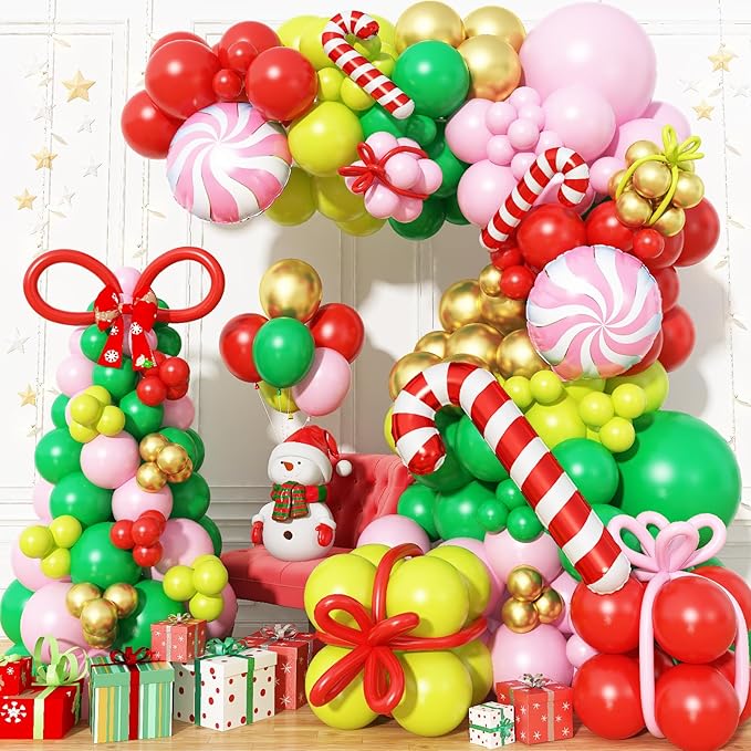 Christmas Balloon Arch Garland Kit, 123Pcs Long Green Red Paster Pink Gold Xmas Balloons with Candy Cane Foil Balloon for Merry Christmas Holiday Birthday Baby Shower Winter New Year Party Decorations