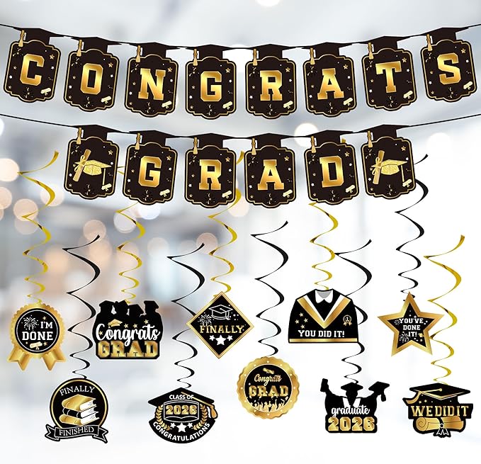 Graduation Decorations 2026, Class of 2026 Backdrop, Banner, 2026 Foil Balloons, Tablecloth, Hanging Swirls, Honeycomb Centerpieces, Party Supplies Decorations Set for College (Black ang GOLD)