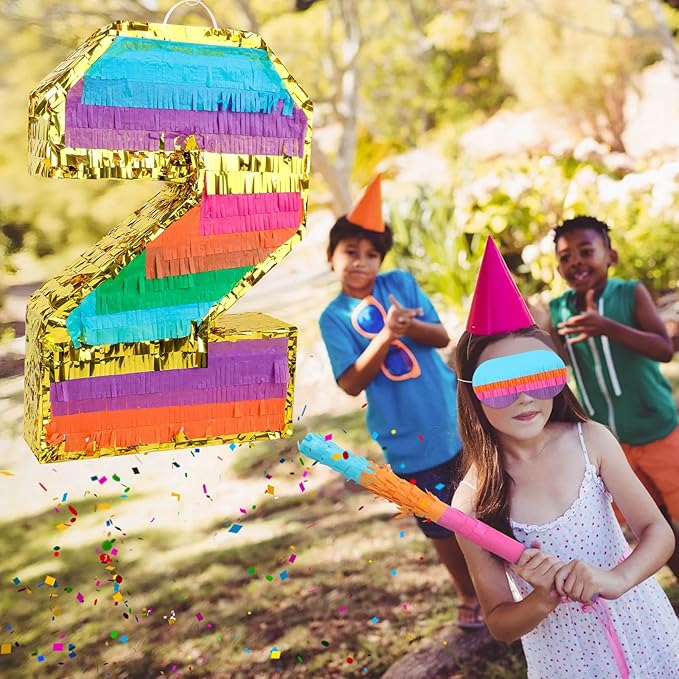 Rainbow Number 2 Pinata Birthday Decorations for Kids, Rainbow Pinata with Bat Stick Blindfold for Boys Girls 2th Birthday Celebrations Baby Shower Party Supplies (16.1x10.6x2.9 Inches)