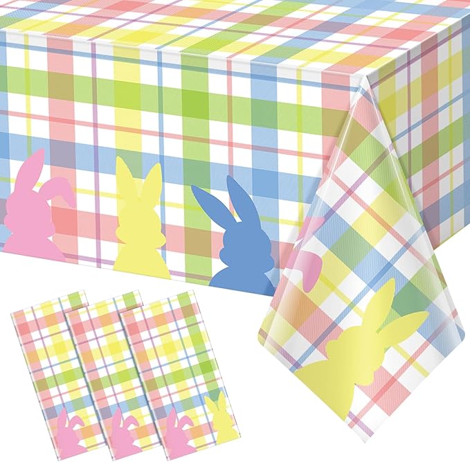 3Pcs Spring Easter Buffalo Plaid Checkered Tablecloth Decorations,Plastic Bunny Watercolor Pink Blue Yellow Green Pastel Disposable Table Cover for Spring Birthday Easter Party Supplies,54 x 108 Inch