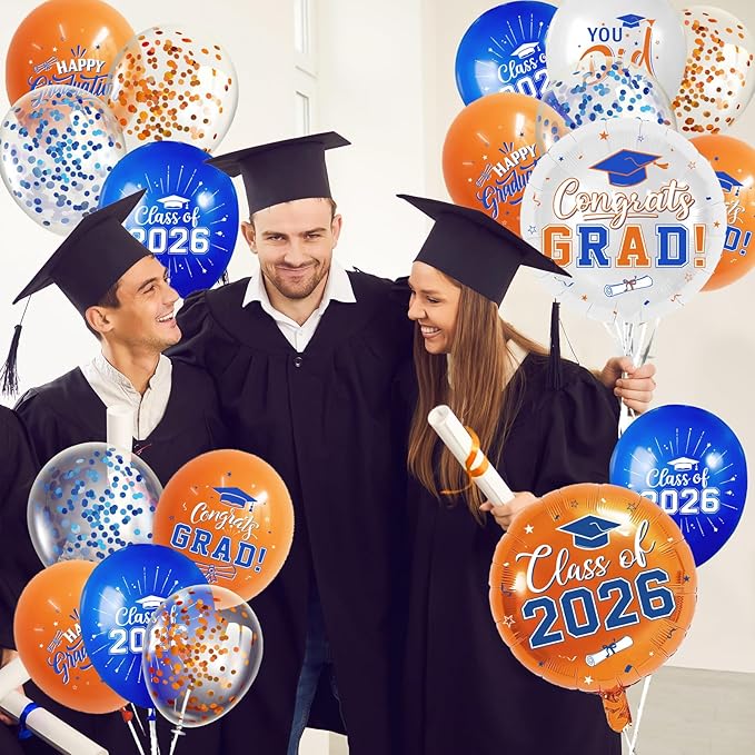 Blue and Orange Graduation Balloons Graduation Decorations 2026, 51Pcs Grad Latex Balloons and Grad Foil Balloon with Confetti Ribbons Grad Party Decorations for College High School